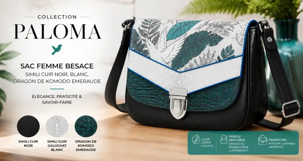 Sac femme besace en simili cuir noir, blanc,dragon de komodo emeraude,collection PALOMA
