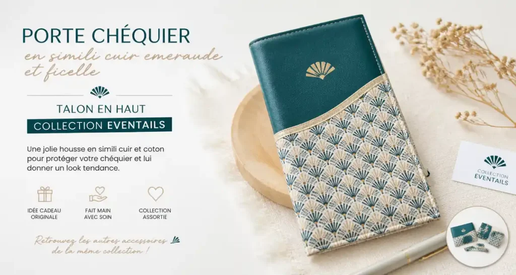 Porte chéquier en simili cuir emeraude et ficelle, talon en haut, collection EVENTAILS