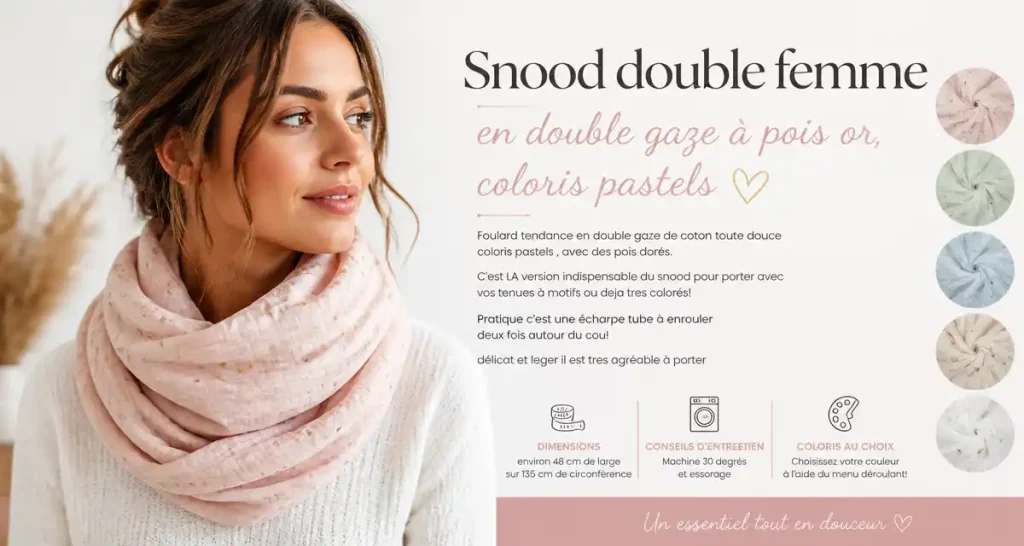 Snood double femme en double gaze à pois or , coloris pastels