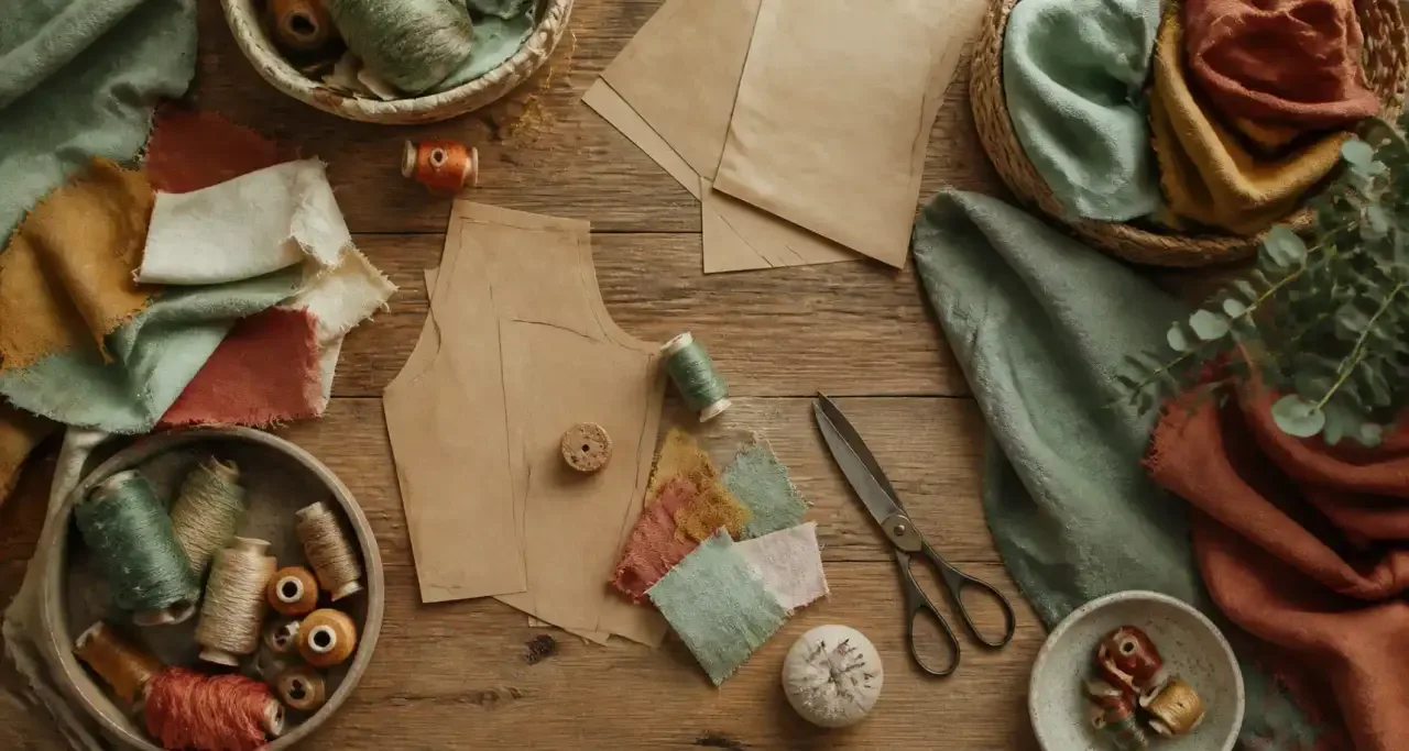 Chutes de tissu et matériel de couture disposés à plat pour l'upcycling