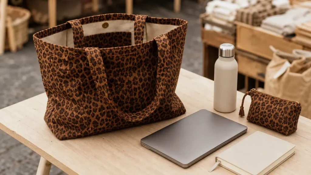 Cabas léopard avec poche intérieure, rangement ordinateur et accessoires