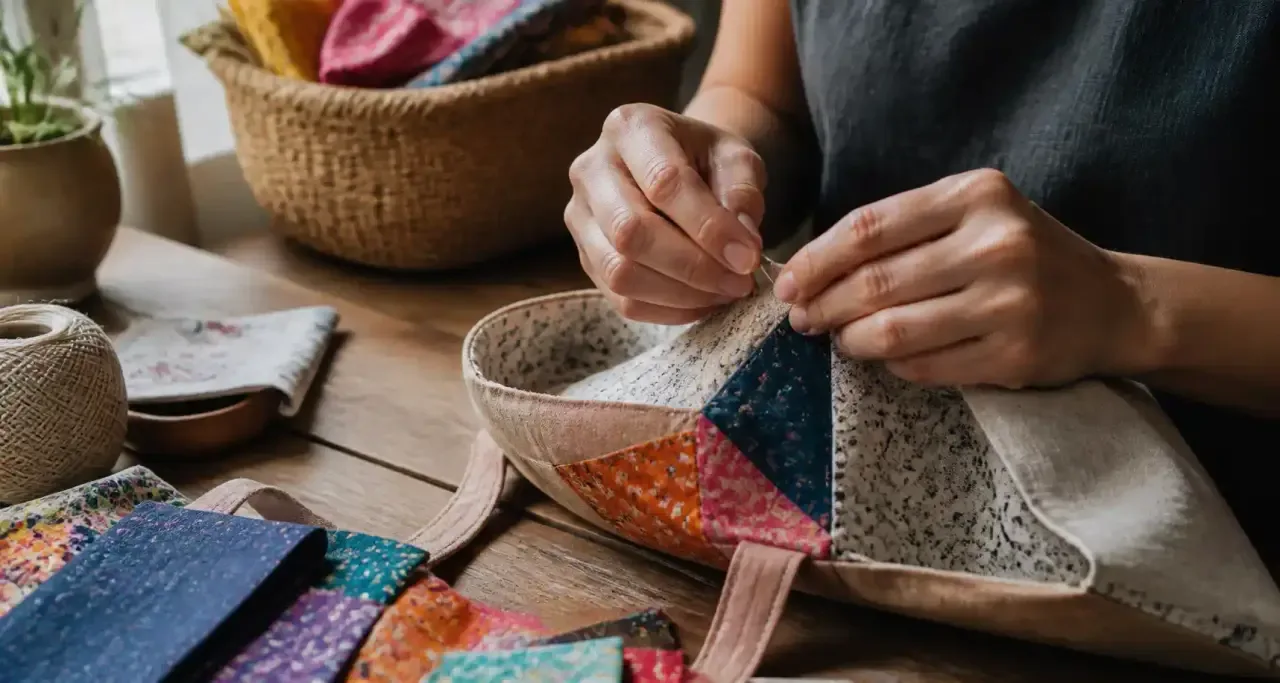 Couture à la main d'un sac en tissu recyclé dans un atelier