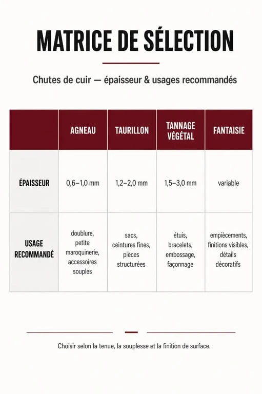 Tableau récapitulatif des types de chutes de cuir et leurs usages pour vos projets de maroquinerie