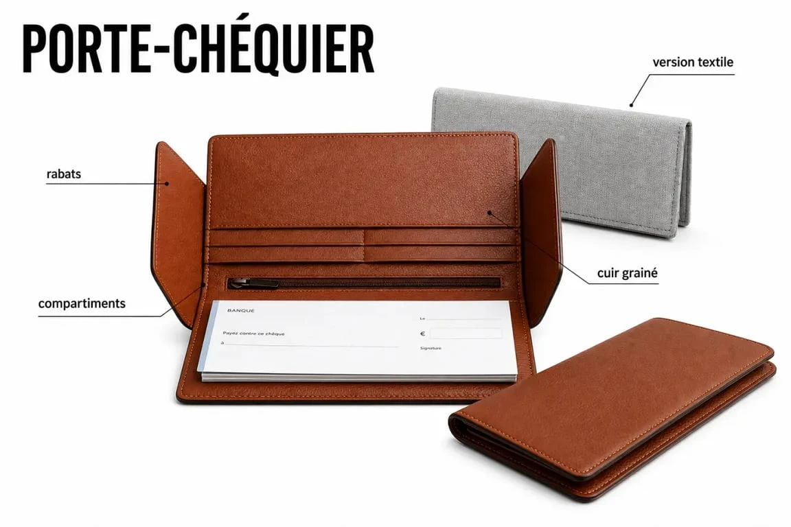 Porte chequier en cuir et textile, ouvert et fermé, montrant les compartiments et les rabats