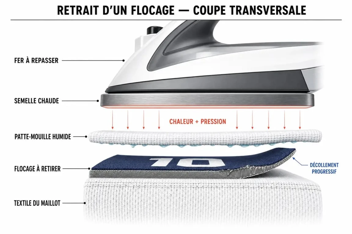 Schéma explicatif pour enlever un flocage sur un maillot de sport avec une patte-mouille