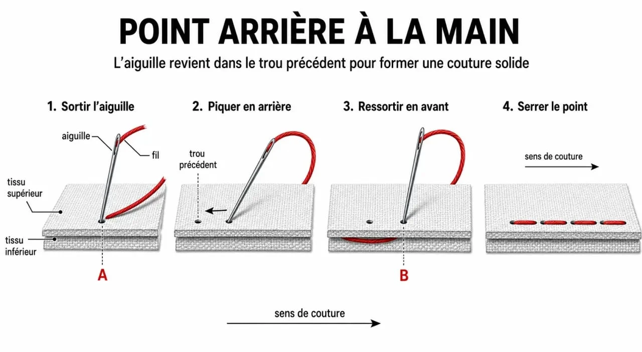 Schéma explicatif du point arrière pour relier deux tissus à la main
