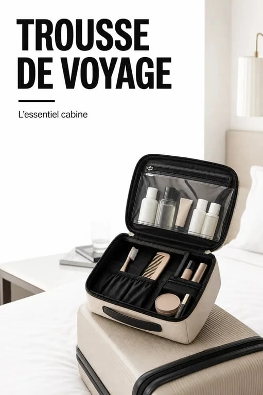 Trousse de toilette femme voyage ouverte et organisée dans une valise cabine