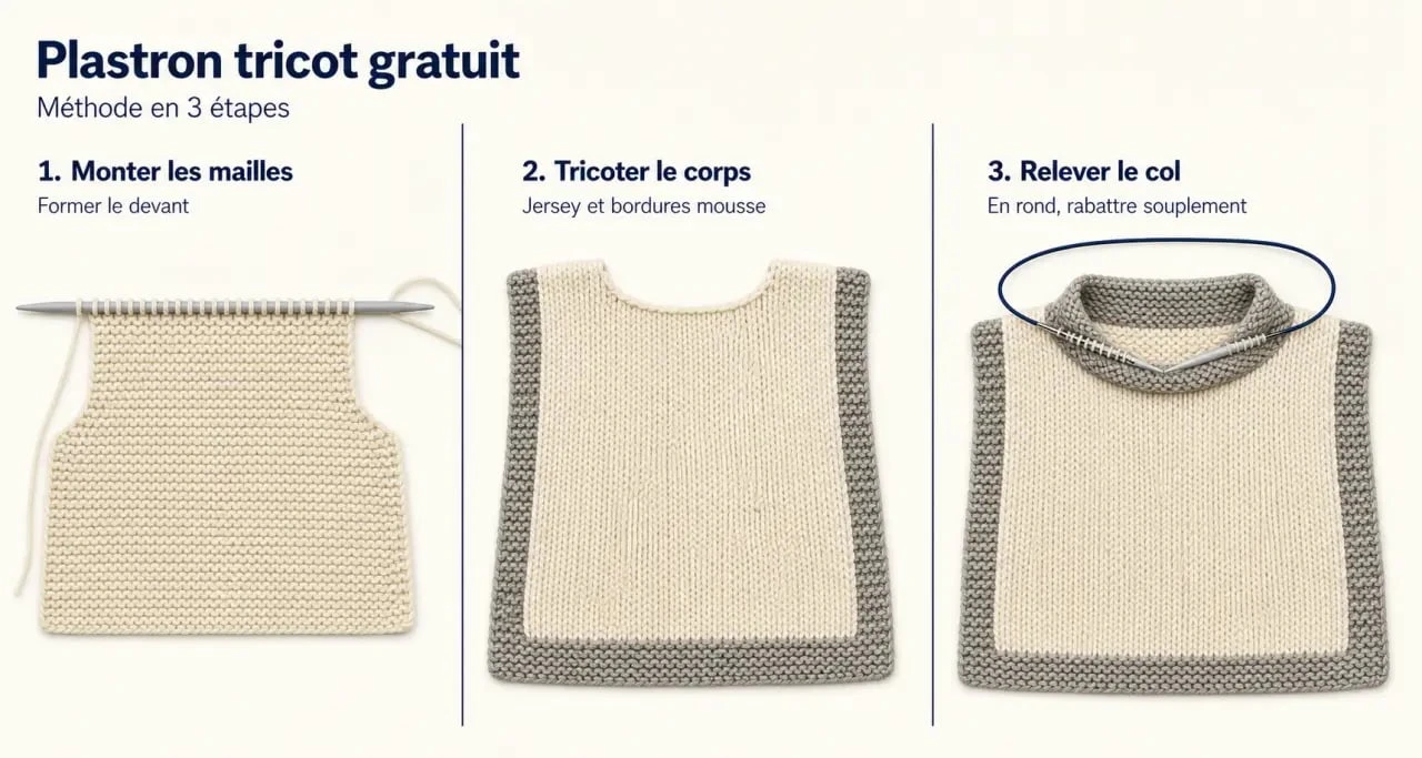 Modèle plastron tricot gratuit en illustration séquentielle montrant les étapes de montage, de tricot du corps et de finition du col