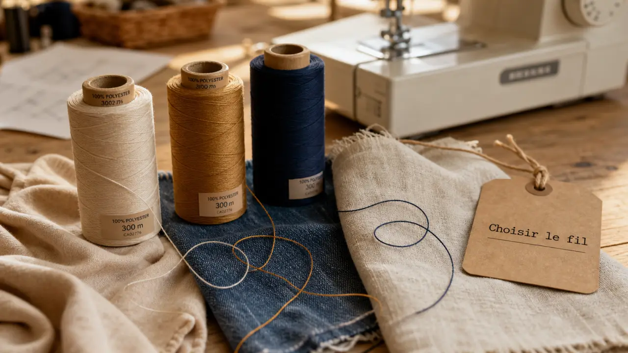 Fils pour couture : bobines polyester sur tissu denim, titrage 30 à 120