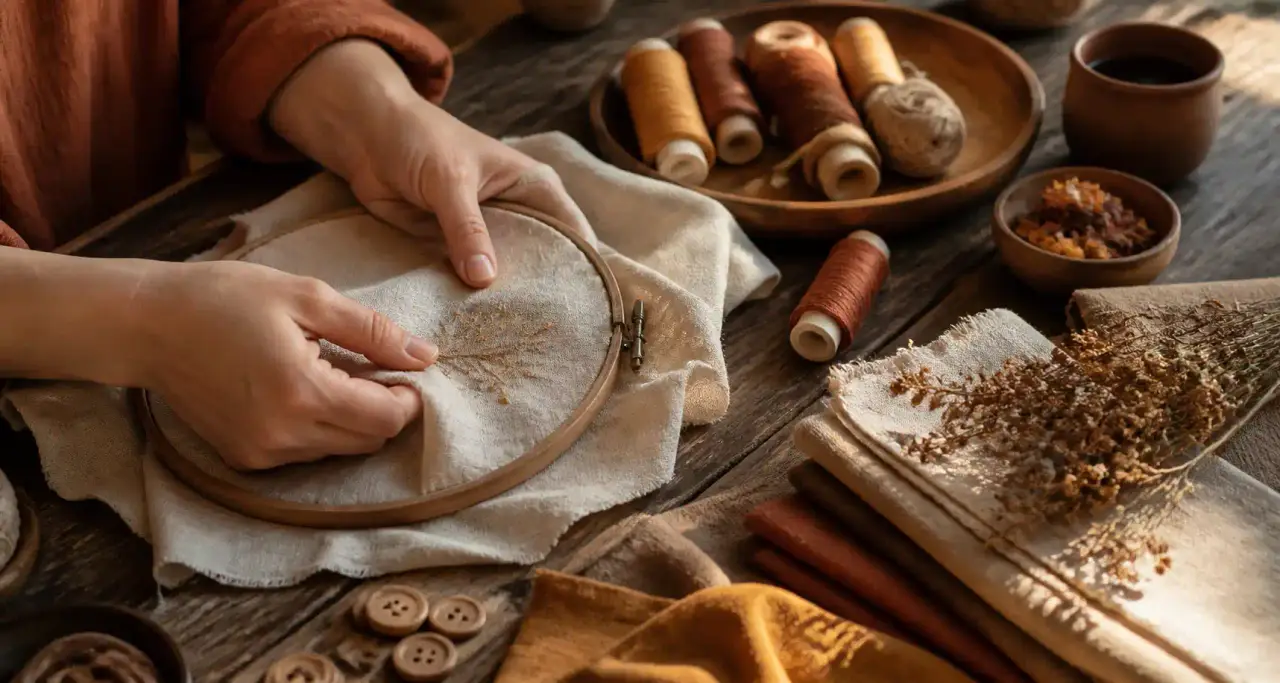 Mains d'artisane travaillant du lin naturel sur un établi d'atelier textile, fils teints aux tons terracotta et ocre
