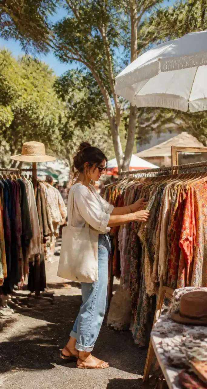Étal de marché vintage de vêtements de seconde main