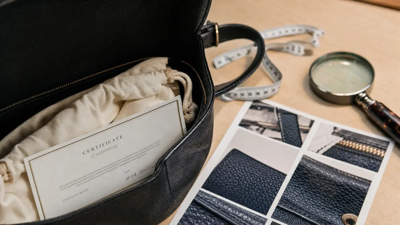 Sac de luxe seconde main authentifié, cuir noir et certificat