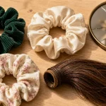 scrunchie scrunchie en velours côtelé vert émeraude sur table en bois
