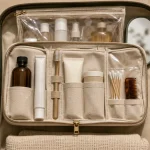 Trousse de toilette femme voyage ouverte, compacte et suspendue, avec accessoires