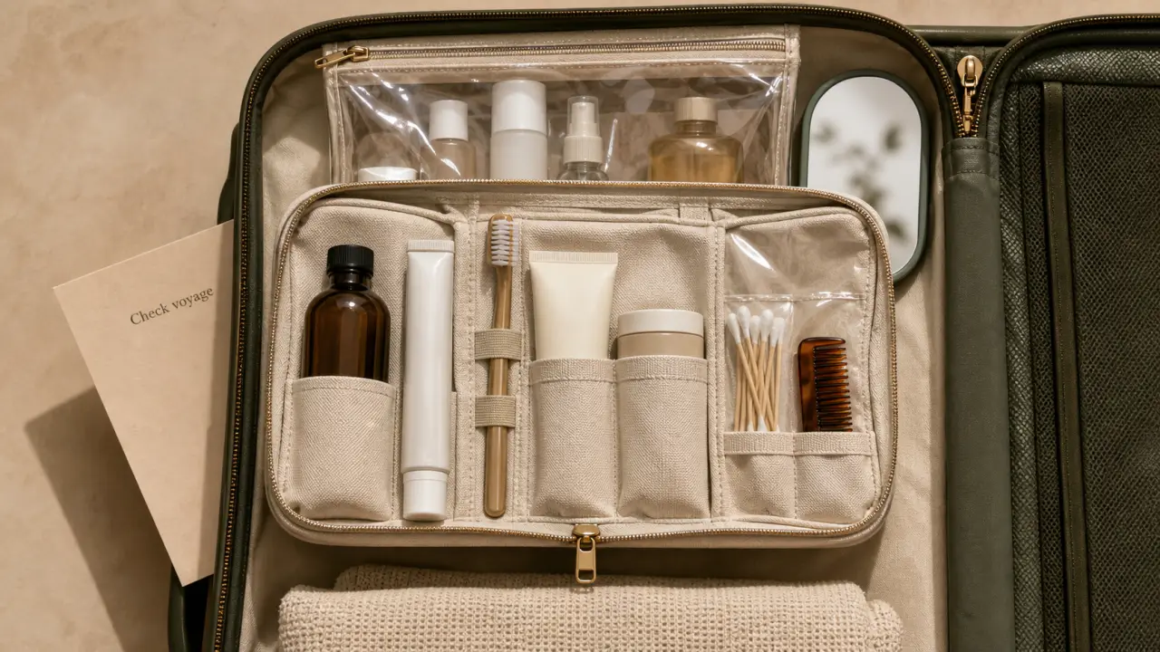 Trousse de toilette femme voyage ouverte, compacte et suspendue, avec accessoires