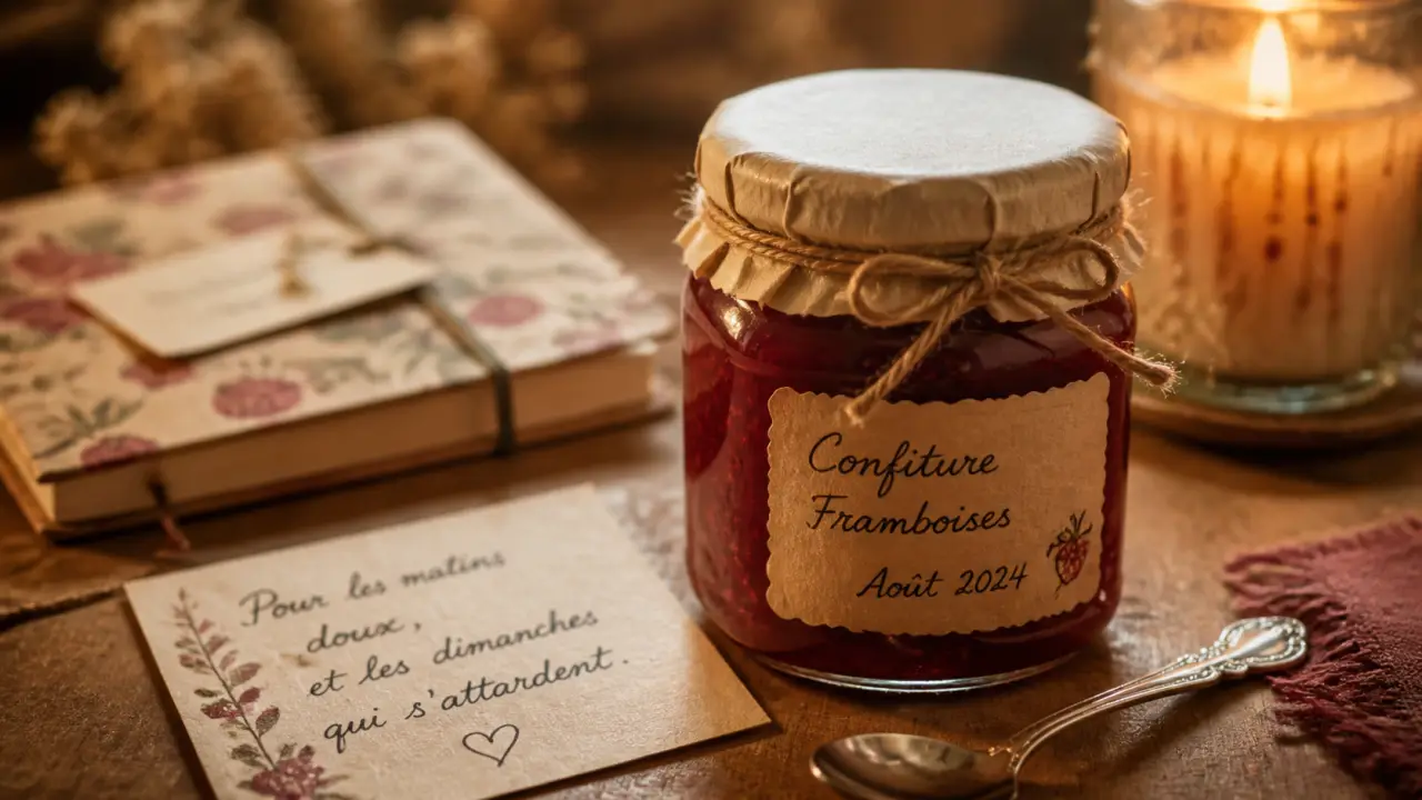 Cadeau fais main : confiture maison en bocal, étiquette artisanale