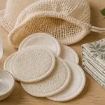 Coton à démaquiller lavable, éponge et pilou, sur fond bois clair