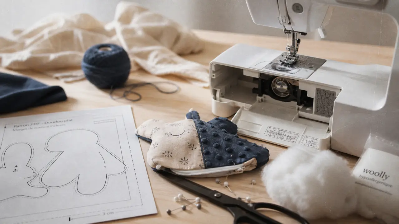 Coudre un doudou débutant : doudou plat en cours de couture, coton et ouate