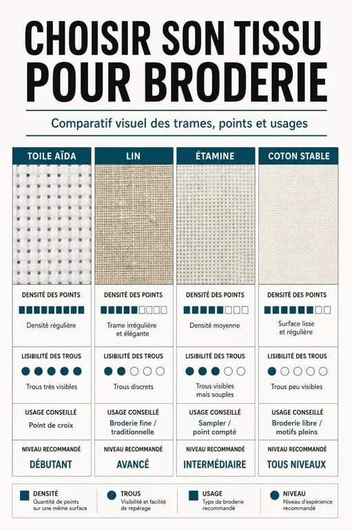 Tissu pour broderie : infographie comparative des toiles Aïda, lin et étamine