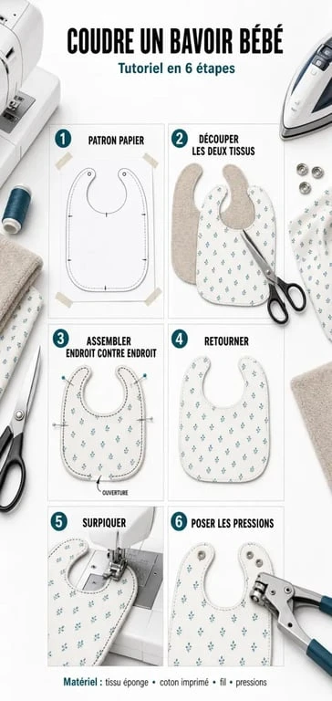 Tuto bavoir : illustration des étapes pour coudre un bavoir bébé