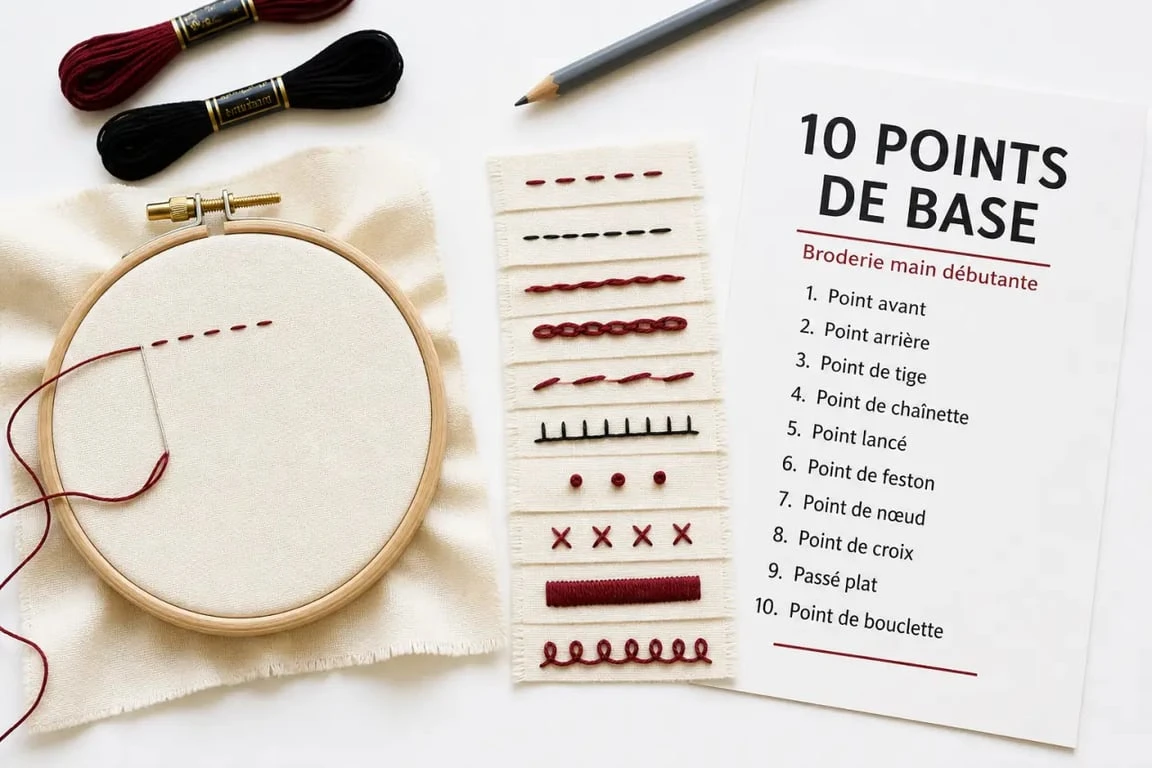 Débutant tous les points de broderie à la main pdf : fiche imprimable de points de base avec tambour, fil mouliné et matériel de broderie