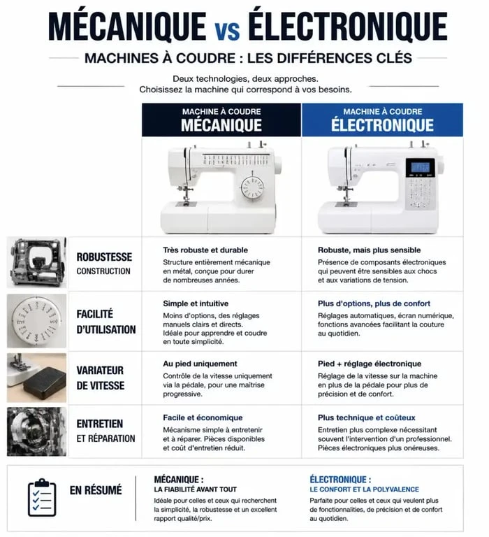 Infographie comparative des caractéristiques techniques des machines à coudre mécaniques et électroniques pour choisir sa machine à coudre.