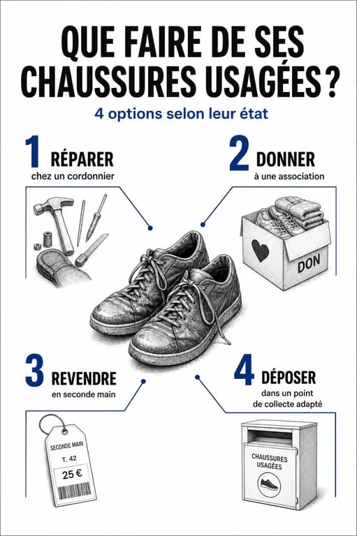 Schéma éditorial du recyclage chaussures usagées montrant les options réparer, donner, revendre ou déposer en point de collecte