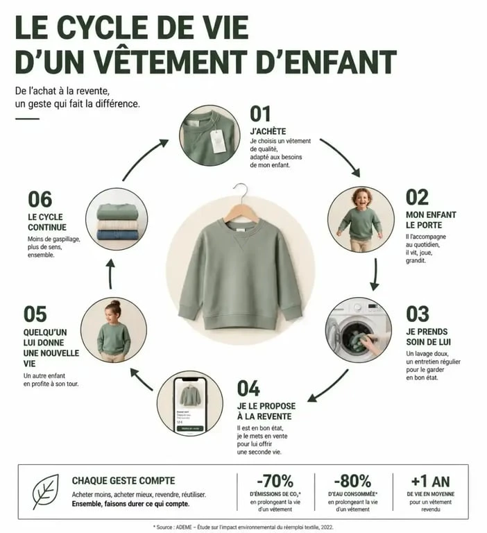 Infographie sur le cycle de vie des vêtements d'occasion pour enfants et guide vetements occasion enfants