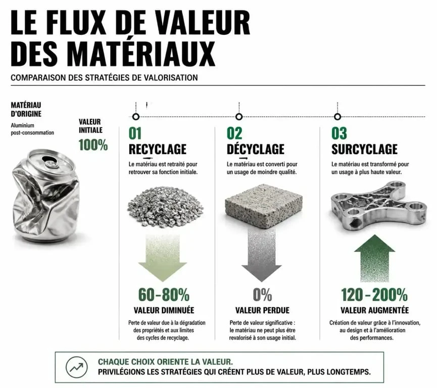Infographie comparative expliquant le concept de surcyclage par rapport au recyclage et au décyclage
