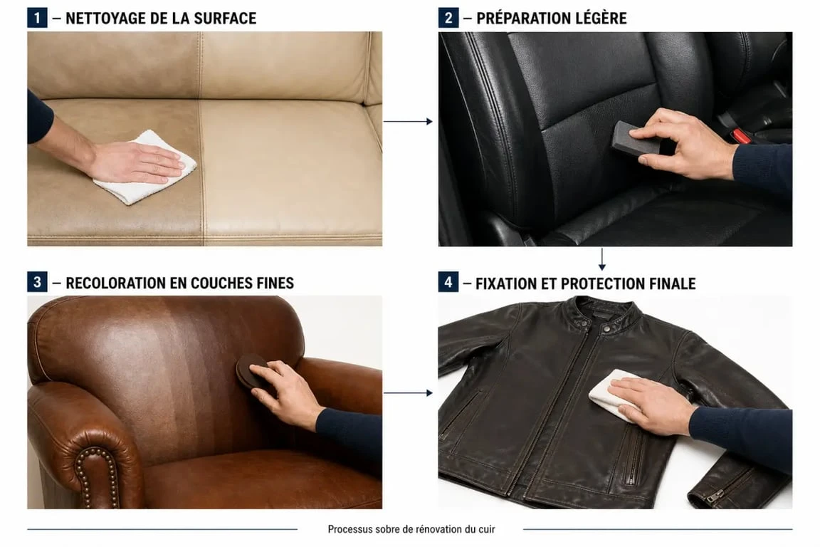 Rénovation des cuirs : étapes de nettoyage, recoloration, fixation et protection sur canapé, siège auto et fauteuil