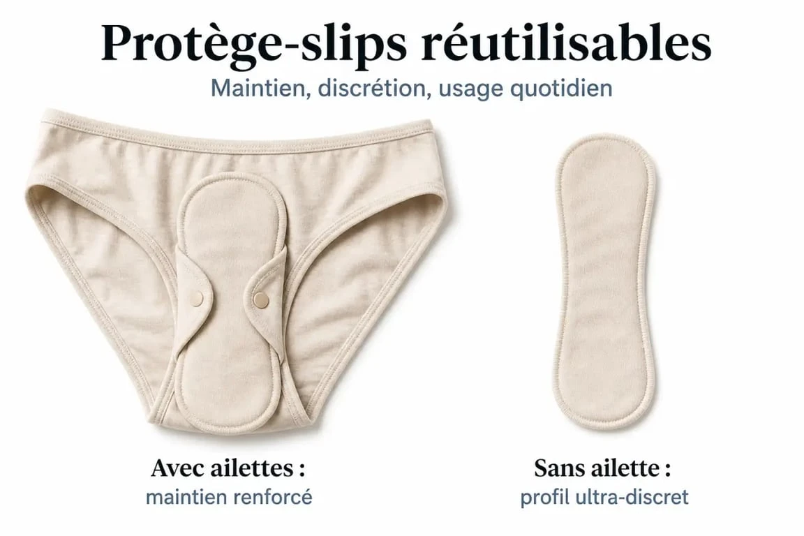 Comparaison d’un protège-slip réutilisable avec et sans ailette pour le maintien