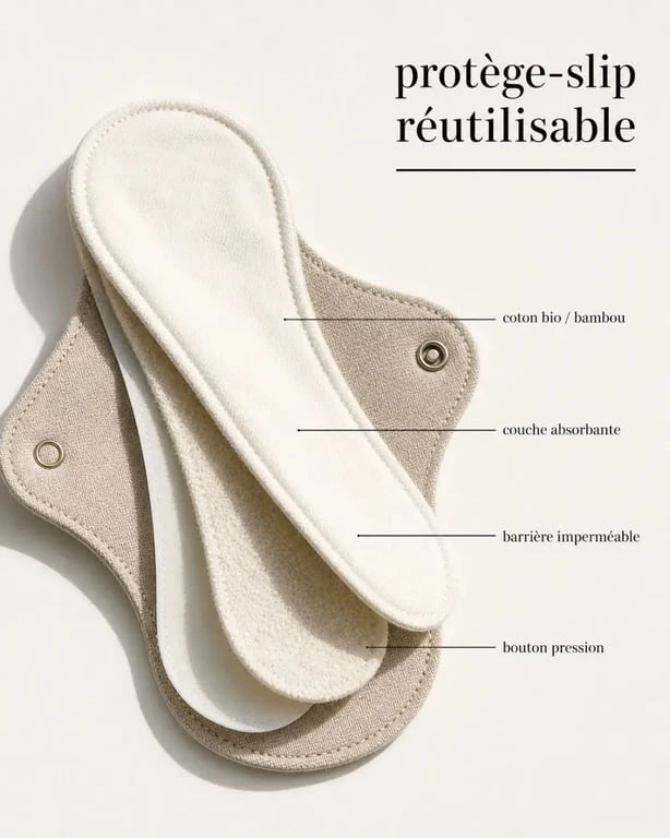 Protège-slip réutilisable en gros plan montrant ses couches textiles et son bouton pression