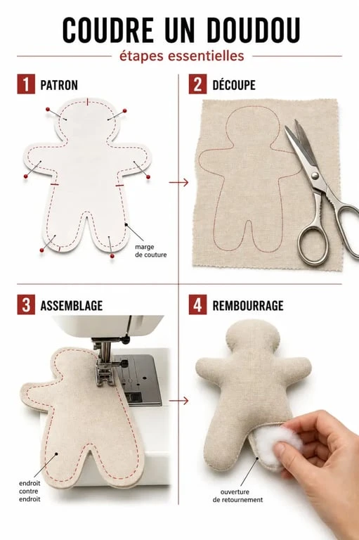 Coudre un doudou : étapes de découpe, assemblage et rembourrage dans un visuel tutoriel