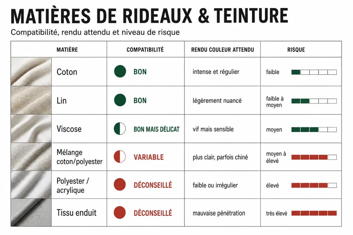 Teindre rideaux : compatibilité des matières avec la teinture et rendu probable