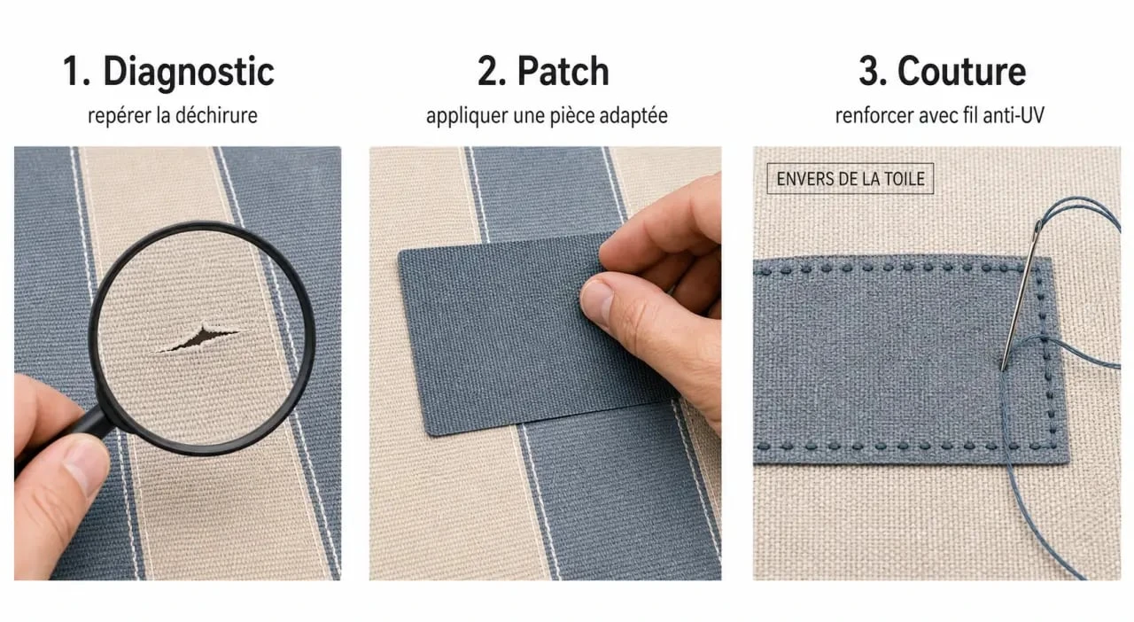 reparation toile de store : illustration pas à pas d’une toile de store banne avec petite déchirure, patch et couture anti-UV