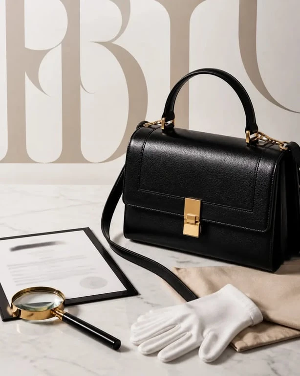 Sac de luxe occasion certifié avec certificat d’authenticité, loupe et détails de contrôle