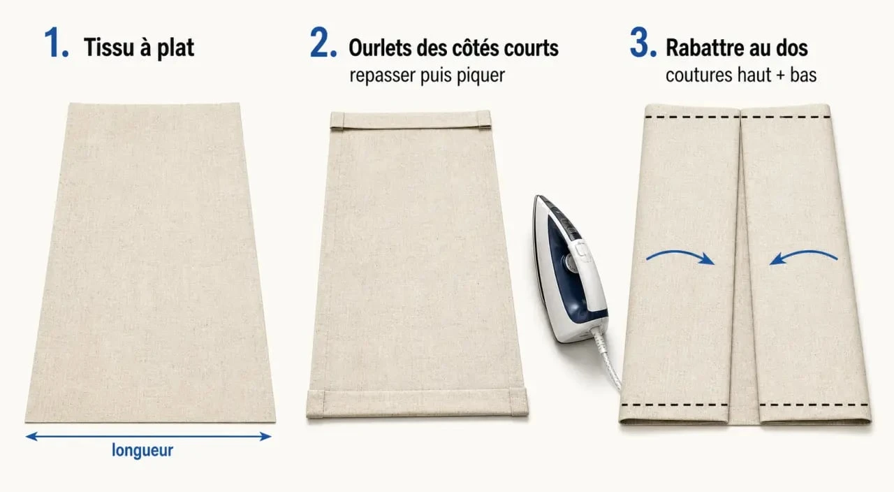 Tuto housse de coussin rectangulaire portefeuille : étapes de pliage et de couture sur table d’atelier