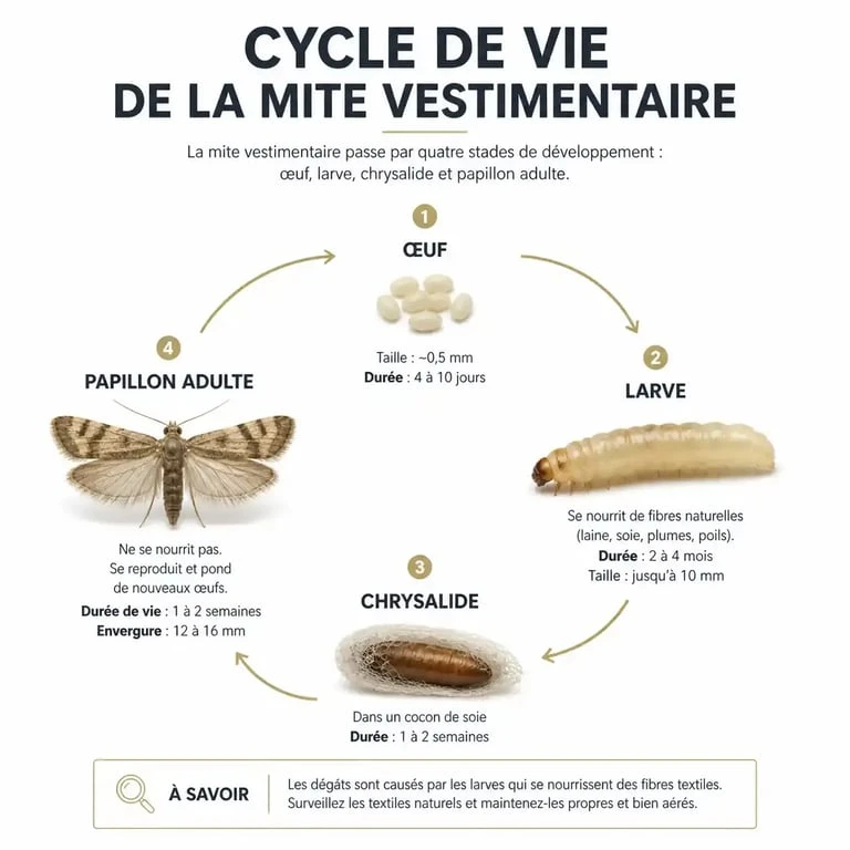 Cycle de vie de la mite vestimentaire et identification d'un trou de mite sur un vêtement