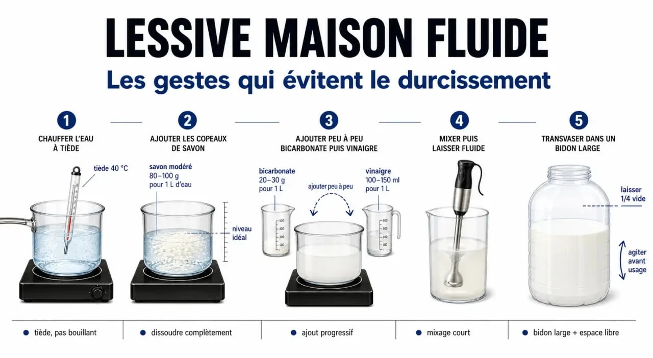 Recette lessive maison qui ne durcit pas : préparation en 4 étapes pour éviter la solidification et la séparation