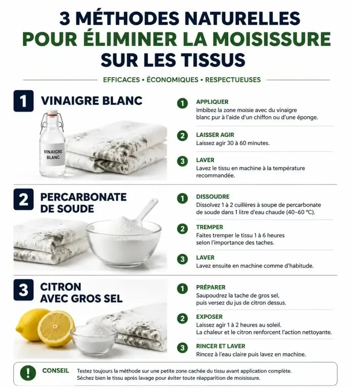 Infographie comparative des remèdes de grand-mère contre la moisissure sur tissu