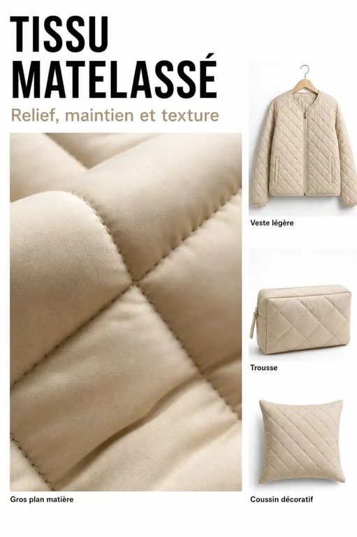 Tissu matelassé en gros plan avec exemples d’usage en veste, trousse et coussin