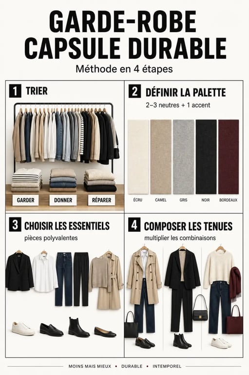 Comment créer une garde-robe capsule durable et stylée : visuel éditorial montrant le tri, la palette de couleurs et les pièces essentielles