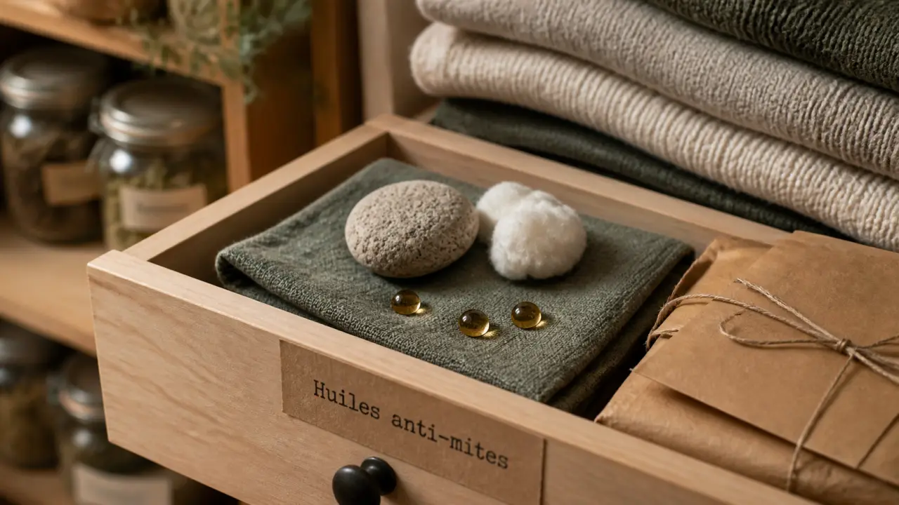 Huiles essentielles anti mites : gouttes sur coton, tiroir anti-mites