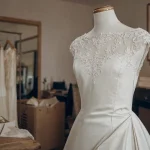 Robes de mariée seconde main : robe de mariée en crêpe dentelle en boutique