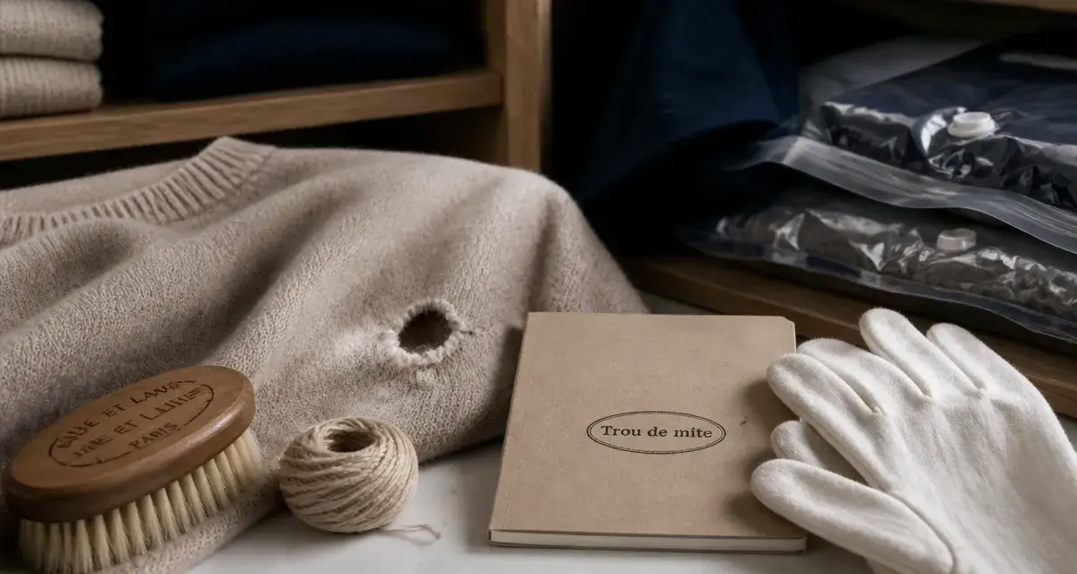 Trou de mite vetement sur pull beige, réparation et matériel anti-invasion