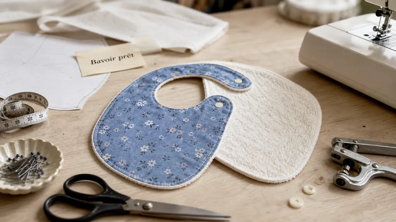 Tuto bavoir bébé : bavoir ouvert et finitions propres, marge 1 cm, ouverture 8 cm