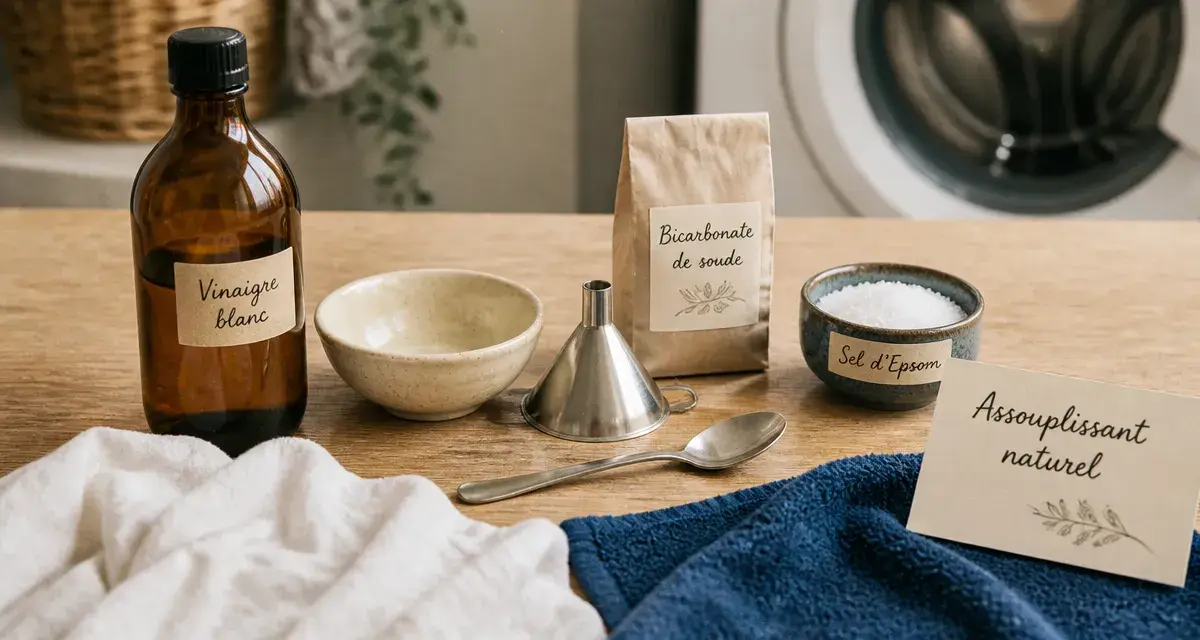 Adoucissant naturel pour linge : vinaigre, bicarbonate et sel d’Epsom en cuisine