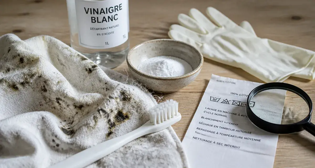 Torchon taché de moisissures, pour enlever des moisissures sur tissus avec vinaigre et bicarbonate