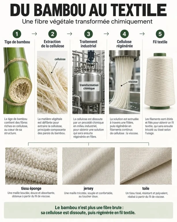Infographie sur la fabrication d’un tissu en fibre de bambou, de la cellulose à la viscose