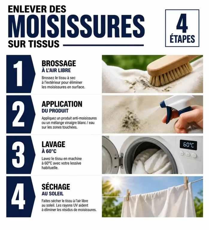 Infographie des 4 étapes pour enlever des moisissures sur tissus